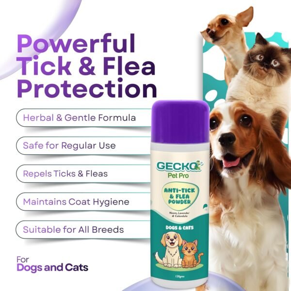 Gecko Pet Pro 2X Anti-Tick & Flea Powder for Dogs & Cats | Neem, Lavender & Calendula | Extra Strength Tick & Flea Control | Gentle Coat Care | Safe for Regular Use | 120g