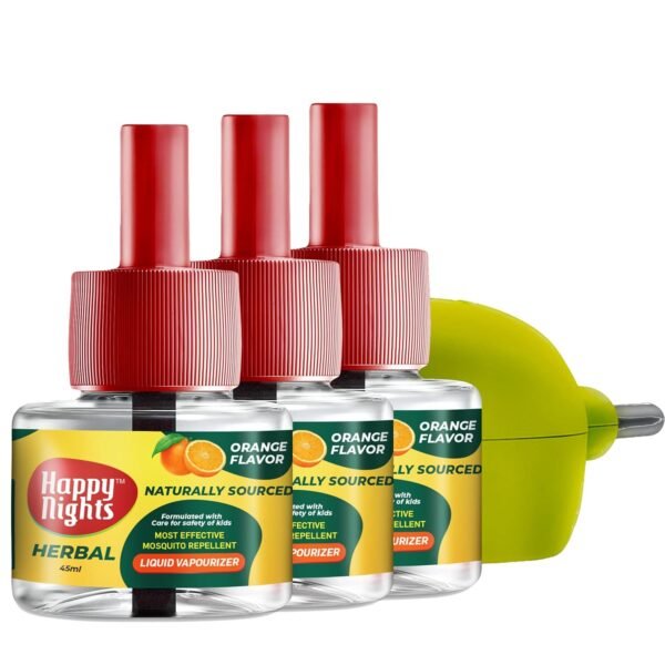 81fhYacN49L._SL1500_.jpg Happy Nights Orange Mosquito Refill | Herbal Orange Repellent | Repellent | Insect Vaporizer | Prevent from Mosquito | Completely Herbal Safe for variationren | 45 ml (Pack of 3 Refill plus 1 machine) Pack of 3