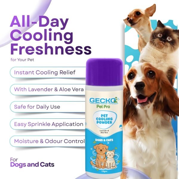 Gecko Pet Pro 2X Pet Cooling Powder for Dogs & Cats | Lavender & Aloe Vera | Extra Strength Deodorizer for Strong Odor Control | Summer Cooling Powder | Safe for Regular Use | 120g