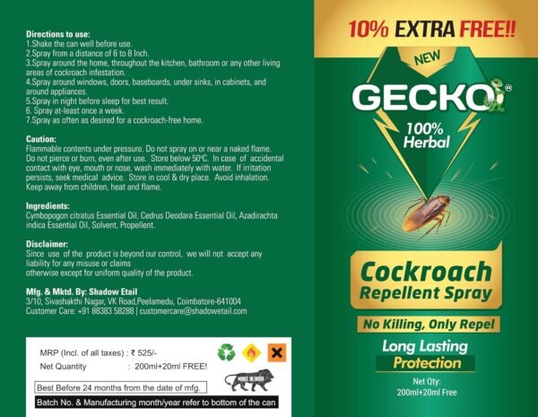 81tsAzdO9nL._SL1500_.jpg Gecko 200ml Non-Toxic Cockroach Repellent | Safe for Home, Kitchen, Office | Biodegradable | Herbal | Refreshing Fragrance | No Chemical Smell | FORMULATION 30X Pack of 1