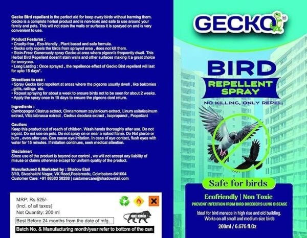 Gecko Bird Repellent Spray for Bird Control For Home And Office| Bird Control Spray | Non-Toxic| Safe for Birds | Pigeon Repellent | Repels Birds - Pack of 1 (200 ML) - FORMULATION 10X Pack of 1