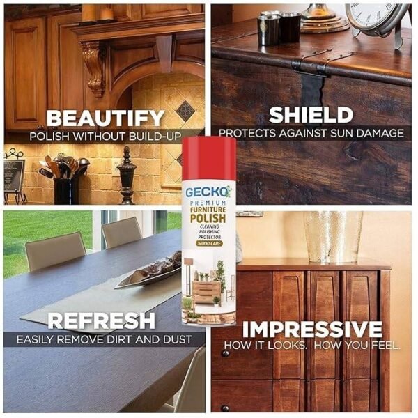GECKO Furniture Polish Spray | Wood Care & Protection | Cleans & Restores Shine | Shiny Wood Furniture Surfaces | 200ml (Pack of 1) - FORMULATION 110X Pack of 1